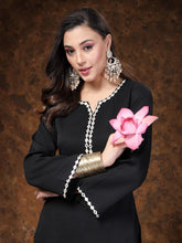 Women's Black Solid & Embroidered Italian Crepe Straight Kurta Pant Set-KPBLACKSANKARI